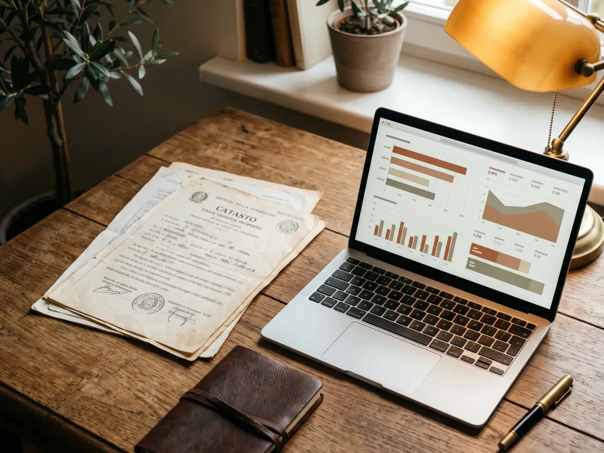 Documenti catastali su scrivania in legno con laptop e grafici