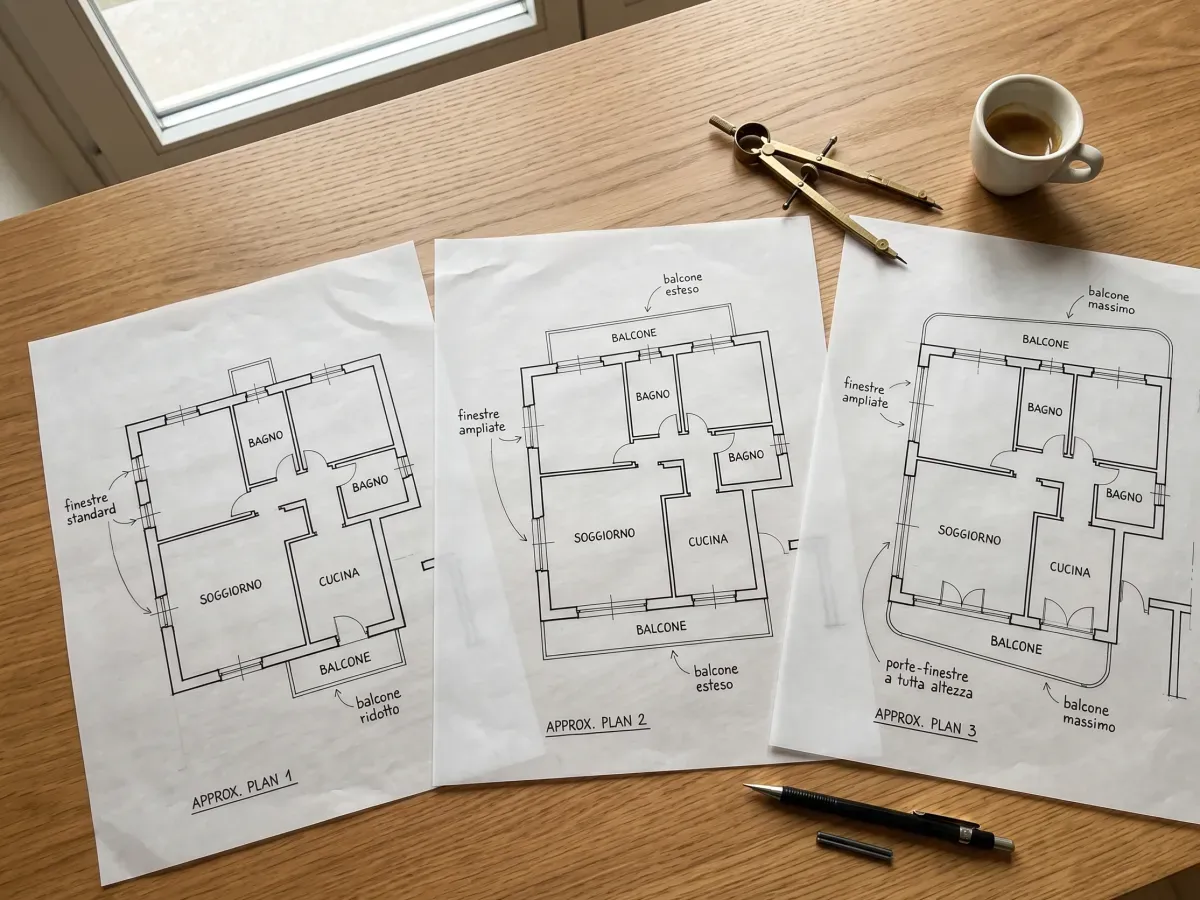 Three comparable floorplans on architect's paper