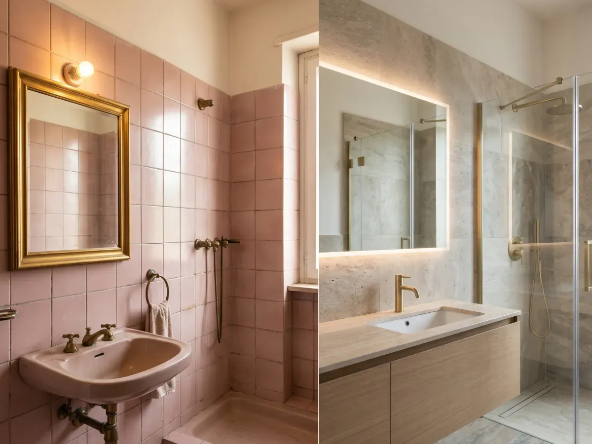 Bagno anni '70 con piastrelle rosa a sinistra, bagno moderno con pietra e ottone a destra