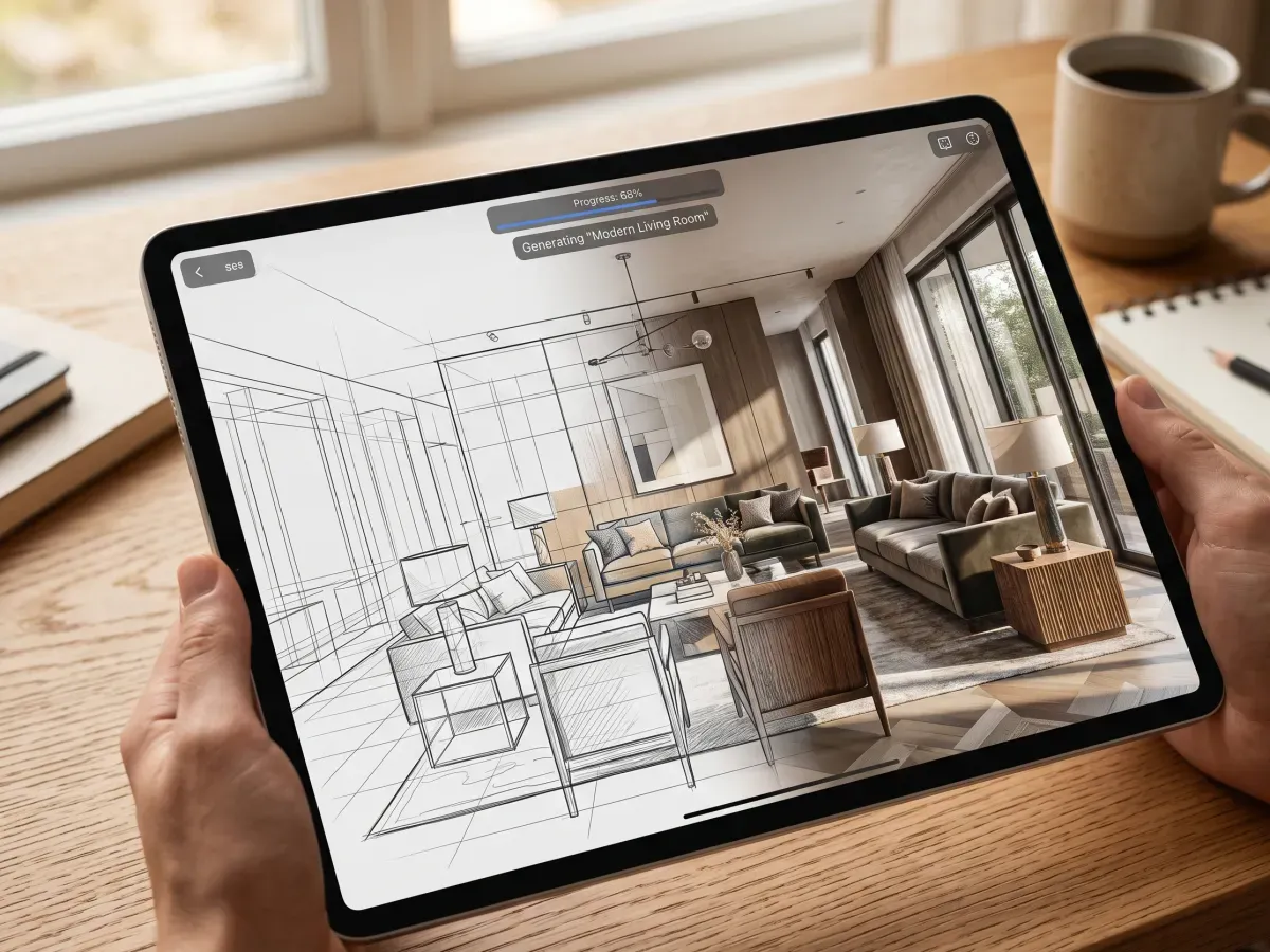 Tablet showing an AI-generated living room render in progress